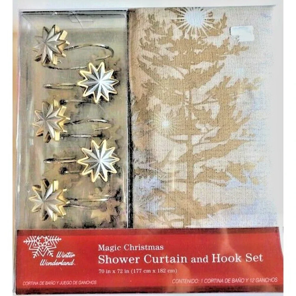 Christmas Let It Snow Shower Curtain and Hook Set Silver Gold 72